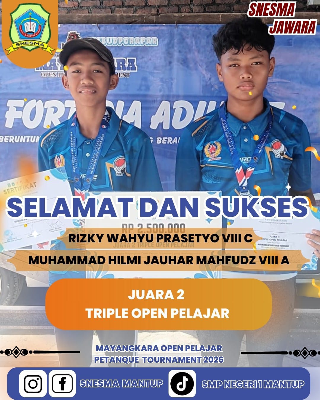 RIZKY 8C DAN JOJO 8A JUARA 2 KEJURPROV PETANQUE TRIPLE OPEN PELAJAR SEJATIM